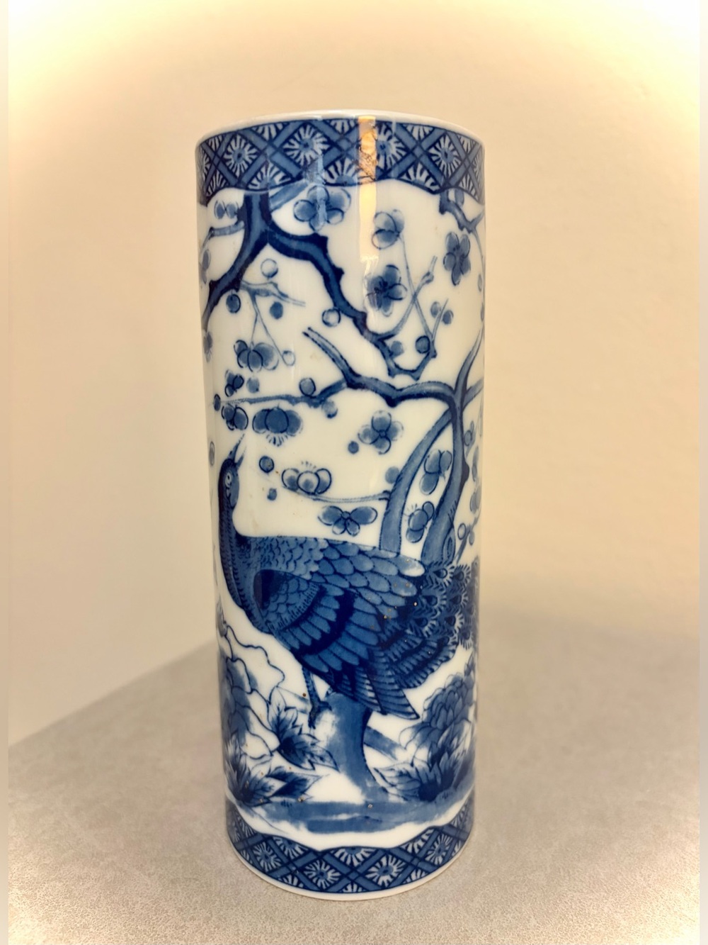 Japanese Blue & White Cylinder Style Vase Peacock Design 6” Tall Vintage
